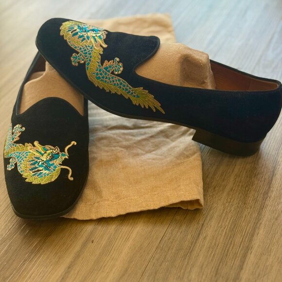 Gucci Men\'s Suede Black Loafer with Blue and Gold Embroidered Dragon main image 5